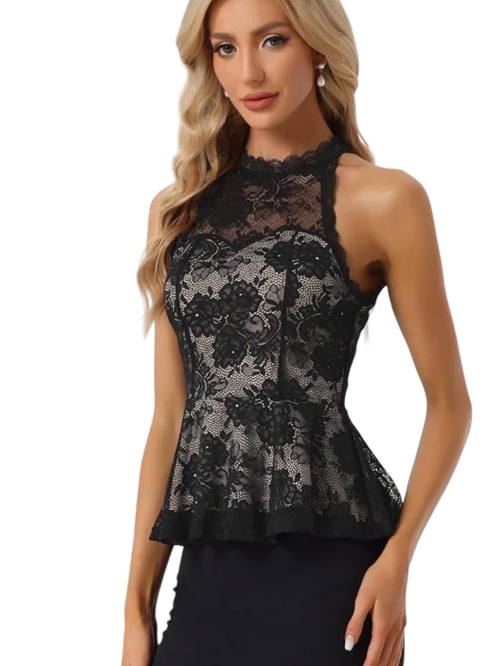 Allegra K Black Peplum Ruffled Lace Shear Sleeveless Cocktail Halter Top Size XS